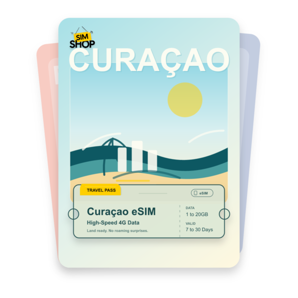 Curaçao eSIM travel pass showing 1 to 20GB data, valid for 7 to 30 days.
