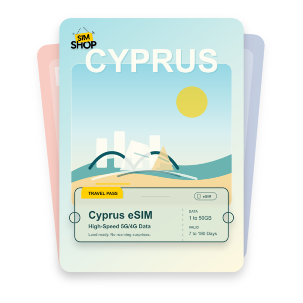Cyprus eSIM travel pass showing 1 to 50GB data, valid for 7 to 180 days.