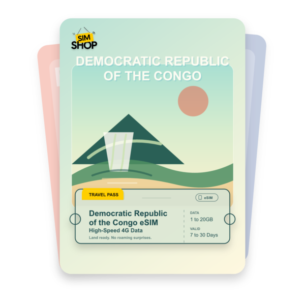 Democratic Republic of the Congo eSIM travel pass showing 1 to 20GB data, valid for 7 to 30 days.