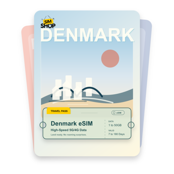 Denmark eSIM travel pass showing 1 to 50GB data, valid for 7 to 180 days.