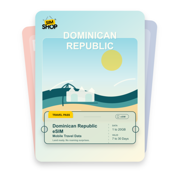 Dominican Republic eSIM travel pass showing 1 to 20GB data, valid for 7 to 30 days.