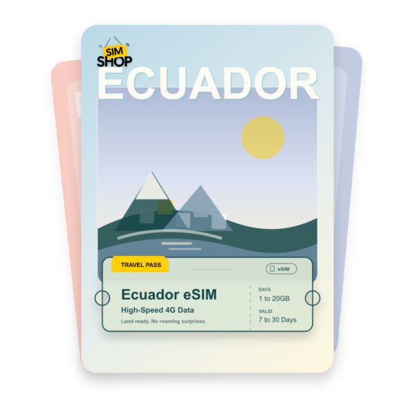 Ecuador eSIM travel pass showing 1 to 20GB data, valid for 7 to 30 days.