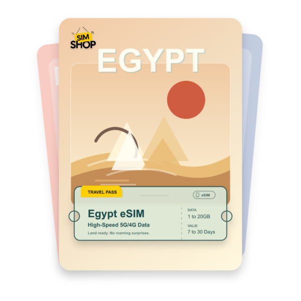 Egypt eSIM travel pass showing 1 to 20GB data, valid for 7 to 30 days.