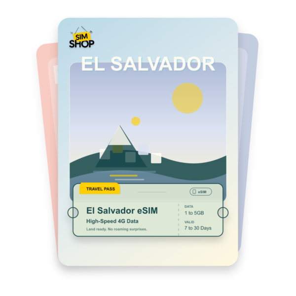El Salvador eSIM travel pass showing 1 to 5GB data, valid for 7 to 30 days.