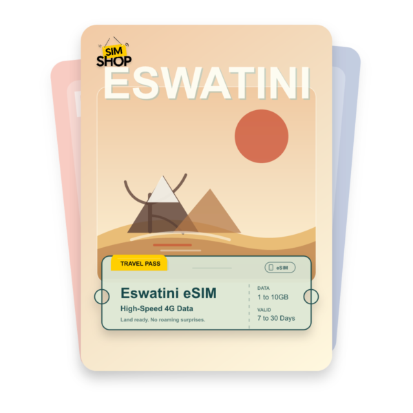 Eswatini eSIM travel pass showing 1 to 10GB data, valid for 7 to 30 days.
