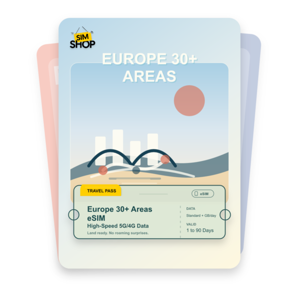 Europe 30+ Areas eSIM travel pass showing Standard + GB/day data, valid for 1 to 90 days.