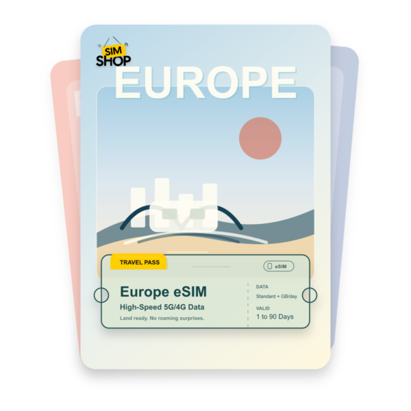 Europe eSIM travel pass showing Standard + GB/day data, valid for 1 to 90 days.