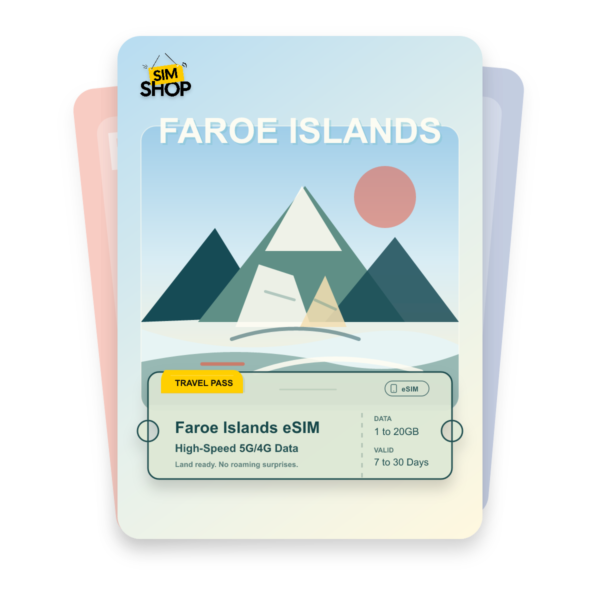Faroe Islands eSIM travel pass showing 1 to 20GB data, valid for 7 to 30 days.