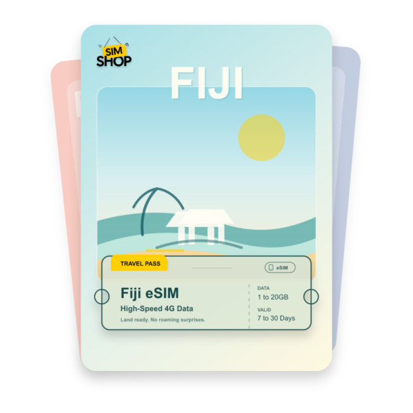 Fiji eSIM travel pass showing 1 to 20GB data, valid for 7 to 30 days.
