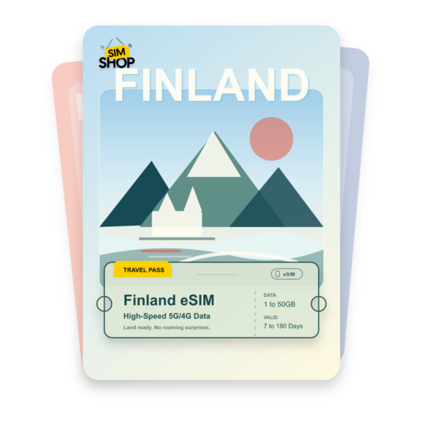Finland eSIM travel pass showing 1 to 50GB data, valid for 7 to 180 days.