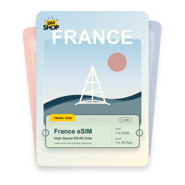 France eSIM travel pass showing 1 to 50GB data, valid for 7 to 180 days.