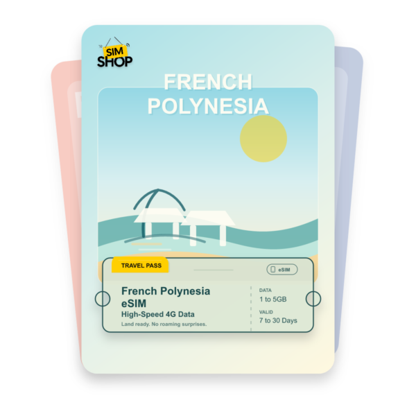 French Polynesia eSIM travel pass showing 1 to 5GB data, valid for 7 to 30 days.
