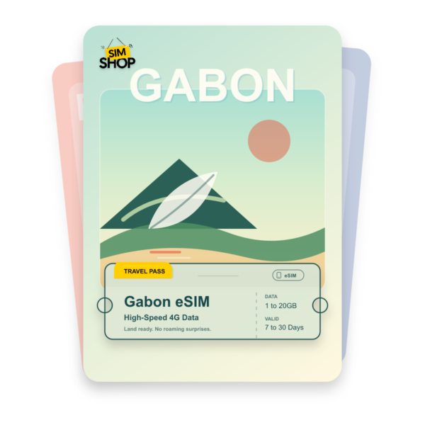 Gabon eSIM travel pass showing 1 to 20GB data, valid for 7 to 30 days.
