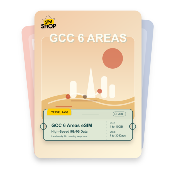 GCC 6 Areas eSIM travel pass showing 1 to 10GB data, valid for 7 to 30 days.