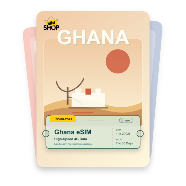 Ghana eSIM travel pass showing 1 to 20GB data, valid for 7 to 30 days.