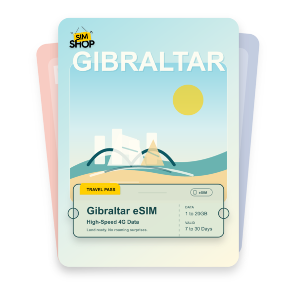 Gibraltar eSIM travel pass showing 1 to 20GB data, valid for 7 to 30 days.