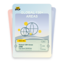 Global 130+ Areas eSIM travel pass showing 1 to 20GB data, valid for 7 to 90 days.