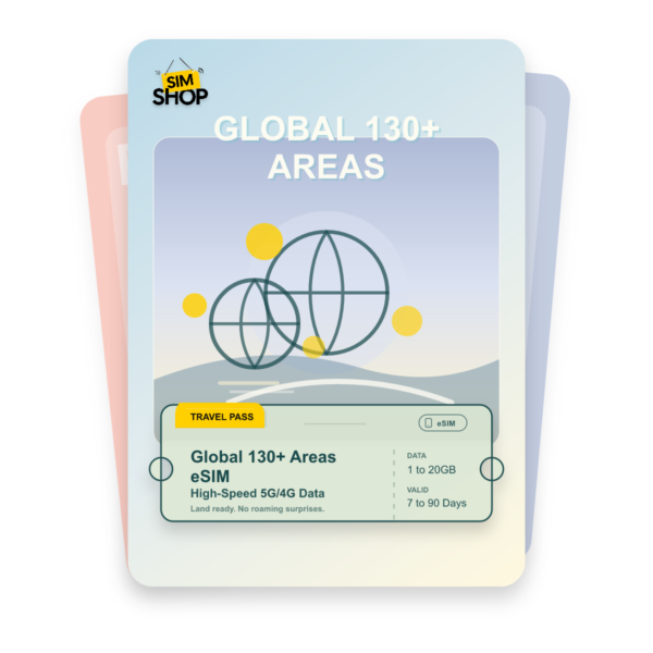 Global 130+ Areas eSIM travel pass showing 1 to 20GB data, valid for 7 to 90 days.