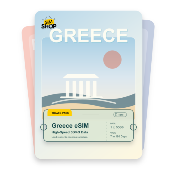 Greece eSIM travel pass showing 1 to 50GB data, valid for 7 to 180 days.