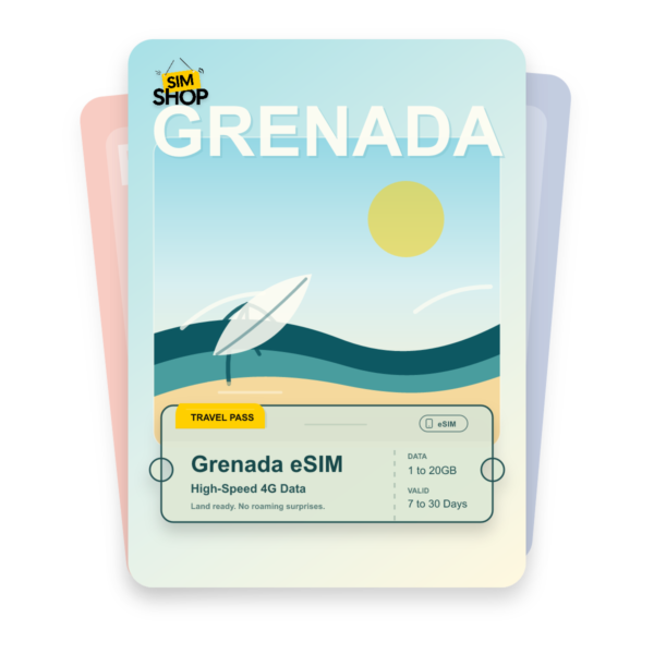 Grenada eSIM travel pass showing 1 to 20GB data, valid for 7 to 30 days.