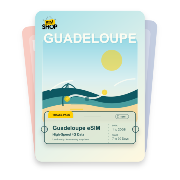 Guadeloupe eSIM travel pass showing 1 to 20GB data, valid for 7 to 30 days.