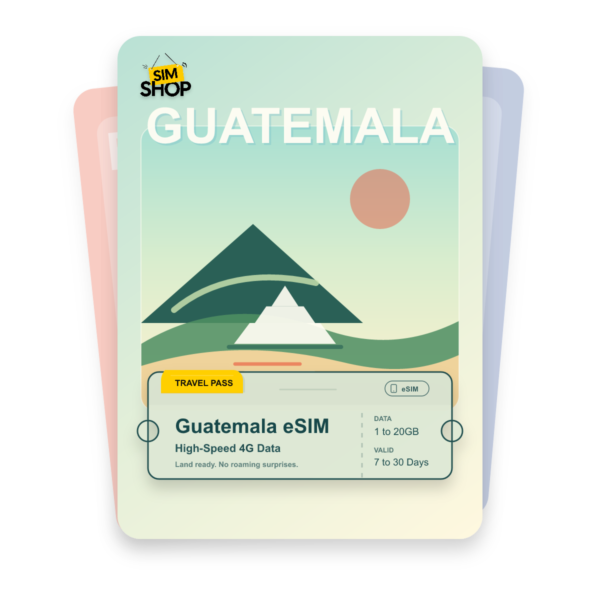 Guatemala eSIM travel pass showing 1 to 20GB data, valid for 7 to 30 days.