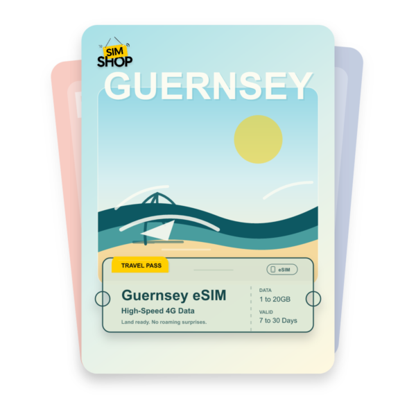 Guernsey eSIM travel pass showing 1 to 20GB data, valid for 7 to 30 days.