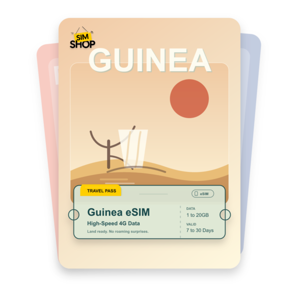 Guinea eSIM travel pass showing 1 to 20GB data, valid for 7 to 30 days.