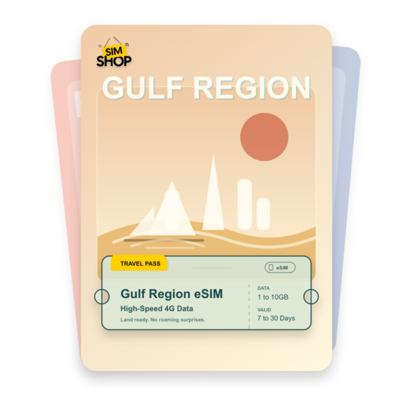 Gulf Region eSIM travel pass showing 1 to 10GB data, valid for 7 to 30 days.
