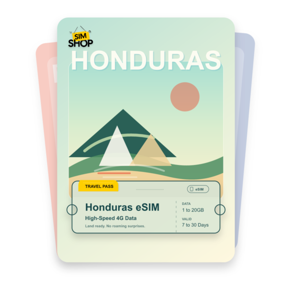 Honduras eSIM travel pass showing 1 to 20GB data, valid for 7 to 30 days.