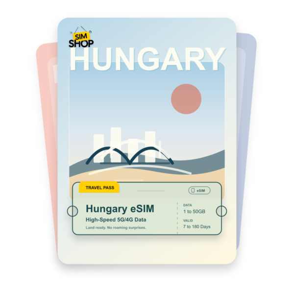 Hungary eSIM travel pass showing 1 to 50GB data, valid for 7 to 180 days.