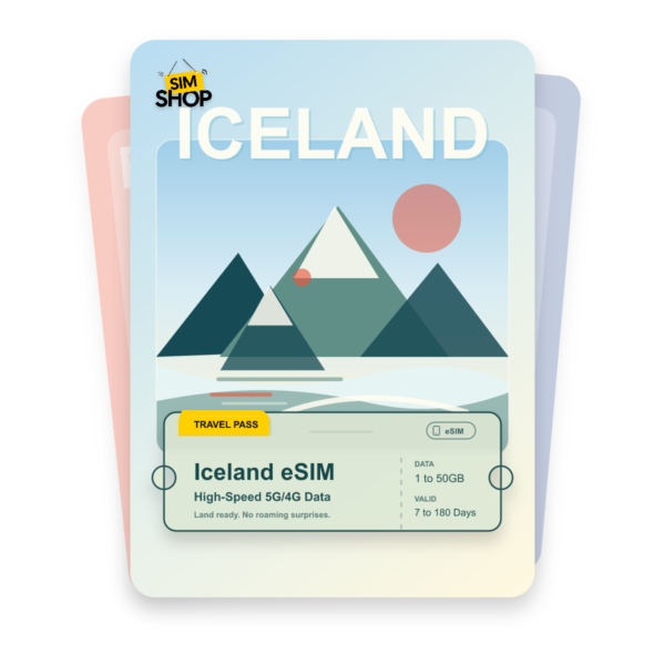 Iceland eSIM travel pass showing 1 to 50GB data, valid for 7 to 180 days.