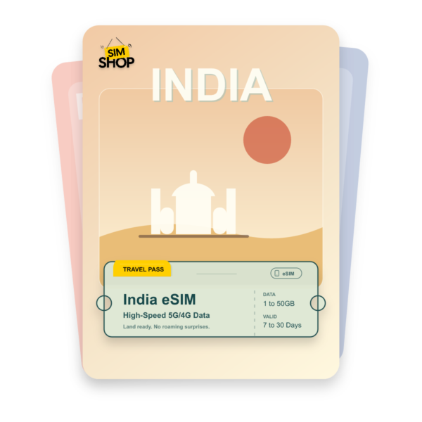 India eSIM travel pass showing 1 to 50GB data, valid for 7 to 30 days.