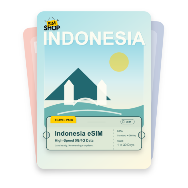 Indonesia eSIM travel pass showing Standard + GB/day data, valid for 1 to 30 days.