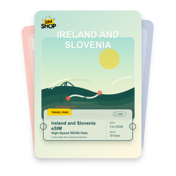 Ireland and Slovenia eSIM travel pass showing 3 to 20GB data, valid for 30 days.