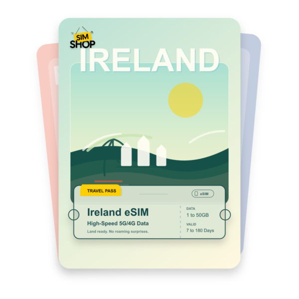 Ireland eSIM travel pass showing 1 to 50GB data, valid for 7 to 180 days.