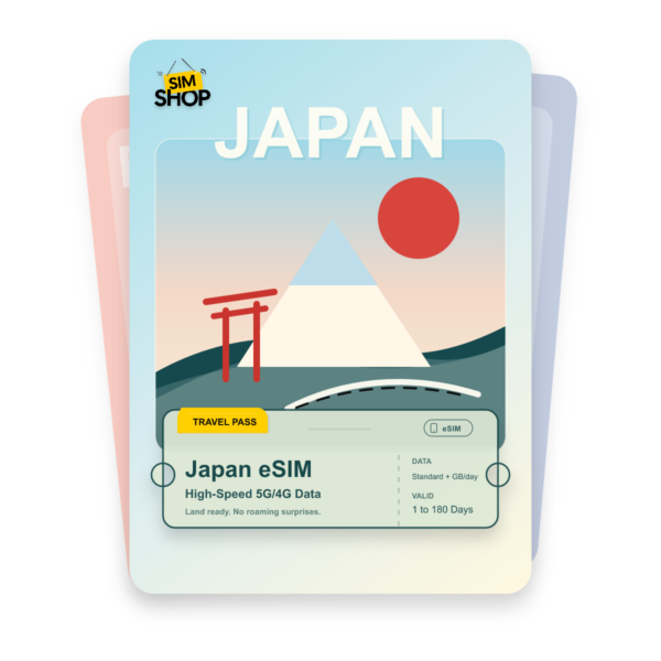 Japan eSIM travel pass showing Standard + GB/day data, valid for 1 to 180 days.