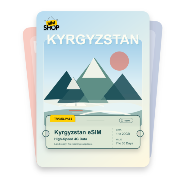 Kyrgyzstan eSIM travel pass showing 1 to 20GB data, valid for 7 to 30 days.