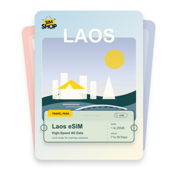 Laos eSIM travel pass showing 1 to 20GB data, valid for 7 to 30 days.
