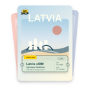 Latvia eSIM travel pass showing 1 to 50GB data, valid for 7 to 180 days.