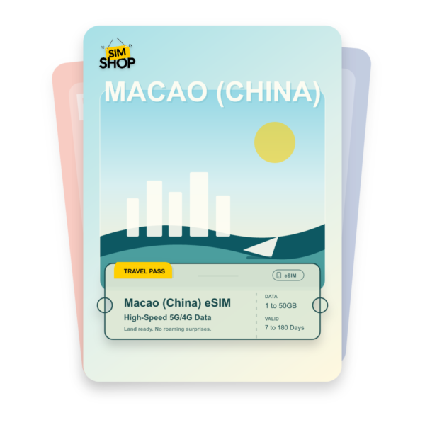 Macao (China) eSIM travel pass showing 1 to 50GB data, valid for 7 to 180 days.