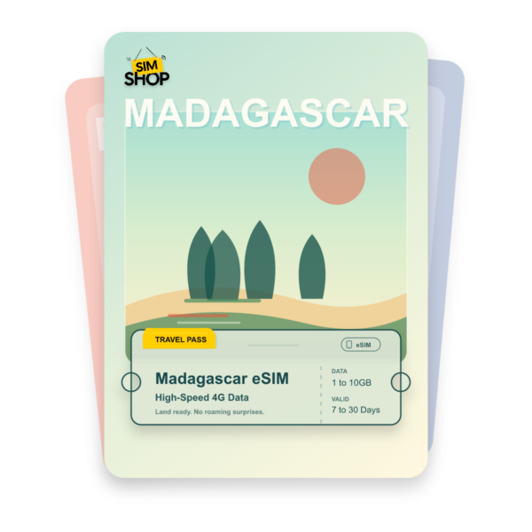 Madagascar eSIM travel pass showing 1 to 10GB data, valid for 7 to 30 days.
