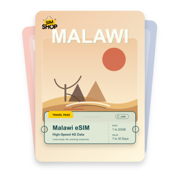Malawi eSIM travel pass showing 1 to 20GB data, valid for 7 to 30 days.