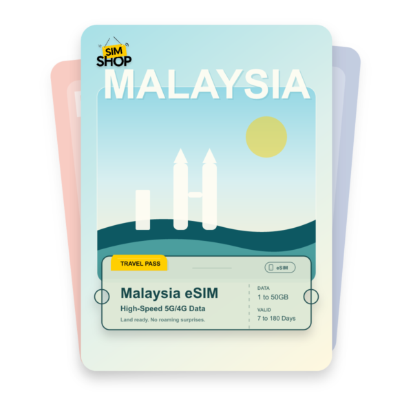 Malaysia eSIM travel pass showing 1 to 50GB data, valid for 7 to 180 days.