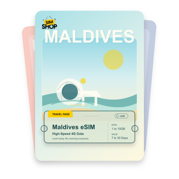 Maldives eSIM travel pass showing 1 to 10GB data, valid for 7 to 30 days.