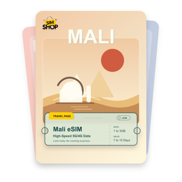 Mali eSIM travel pass showing 1 to 3GB data, valid for 7 to 15 days.