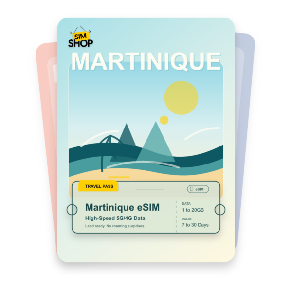 Martinique eSIM travel pass showing 1 to 20GB data, valid for 7 to 30 days.