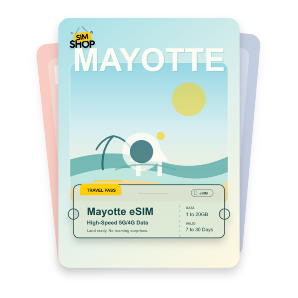 Mayotte eSIM travel pass showing 1 to 20GB data, valid for 7 to 30 days.