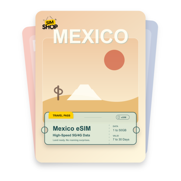Mexico eSIM travel pass showing 1 to 50GB data, valid for 7 to 30 days.