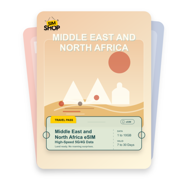 Middle East and North Africa eSIM travel pass showing 1 to 10GB data, valid for 7 to 30 days.